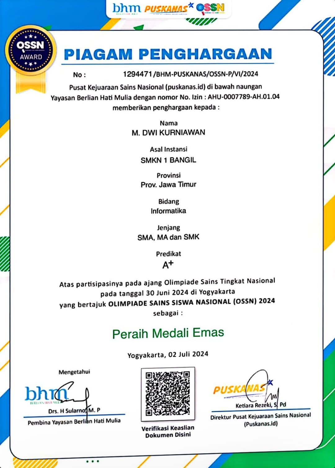 Gold Medal – National Student Science Olympiad (OSSN) 2024