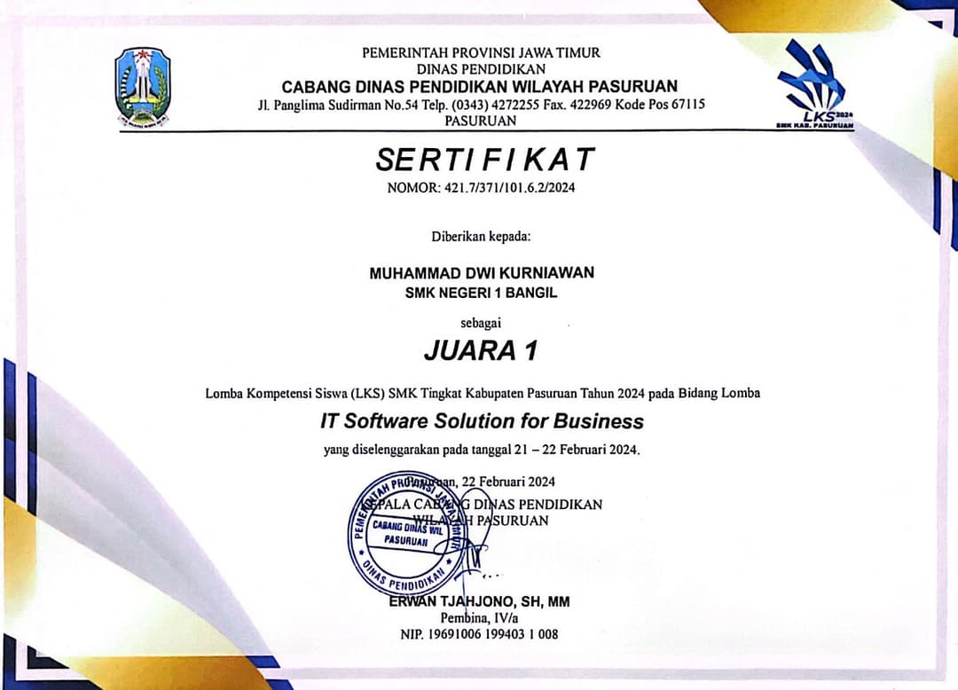1st Place – IT Software Solution for Business (LKS Pasuruan)